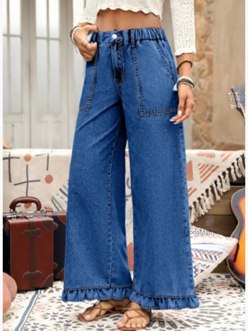 High Waisted Wide Leg Jeans with Ruffle Hem Stretch Denim Pants - Picture 3 of 6